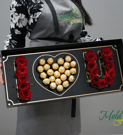 Black box with 'I Love You' roses and Ferrero Rocher photo 394x433